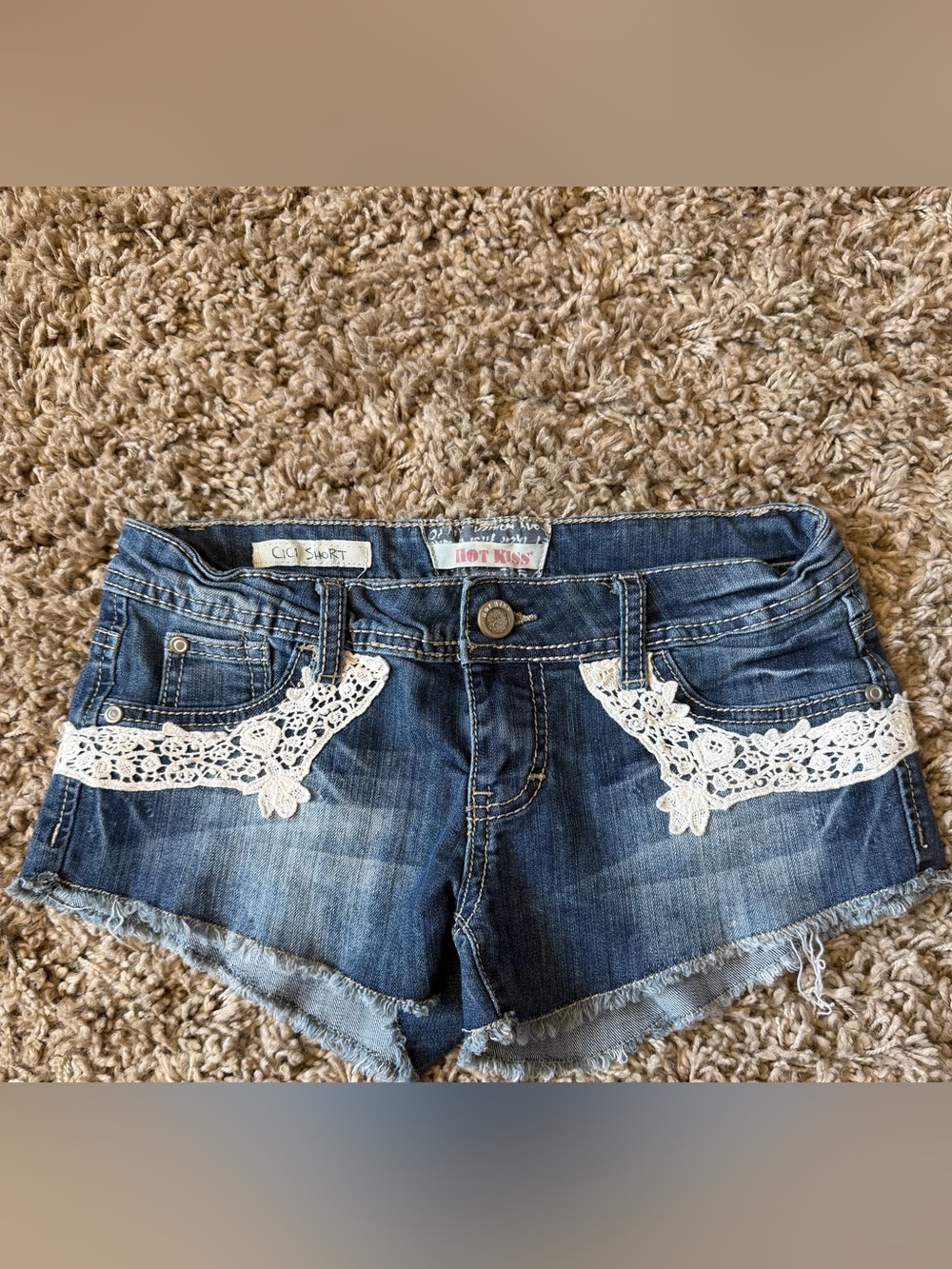 Hot Kiss CICI Short Distressed Blue Denim Shorts with White Crochet Accents
